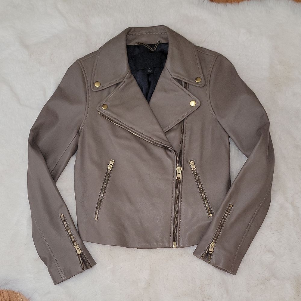 J. Crew Taupe Leather Moto Jacket with Gold Hardware Womens Size 2